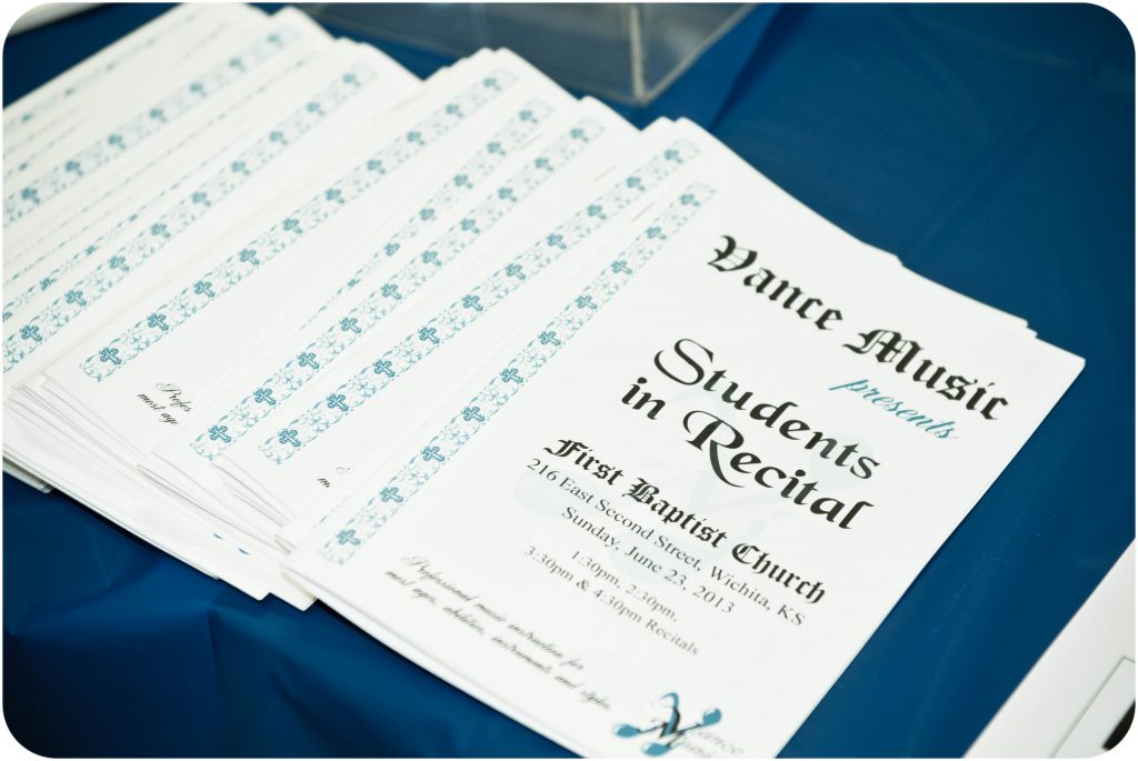 A picture of Vance Music recital programs, which exist to combat stage fright and lend students experience.
